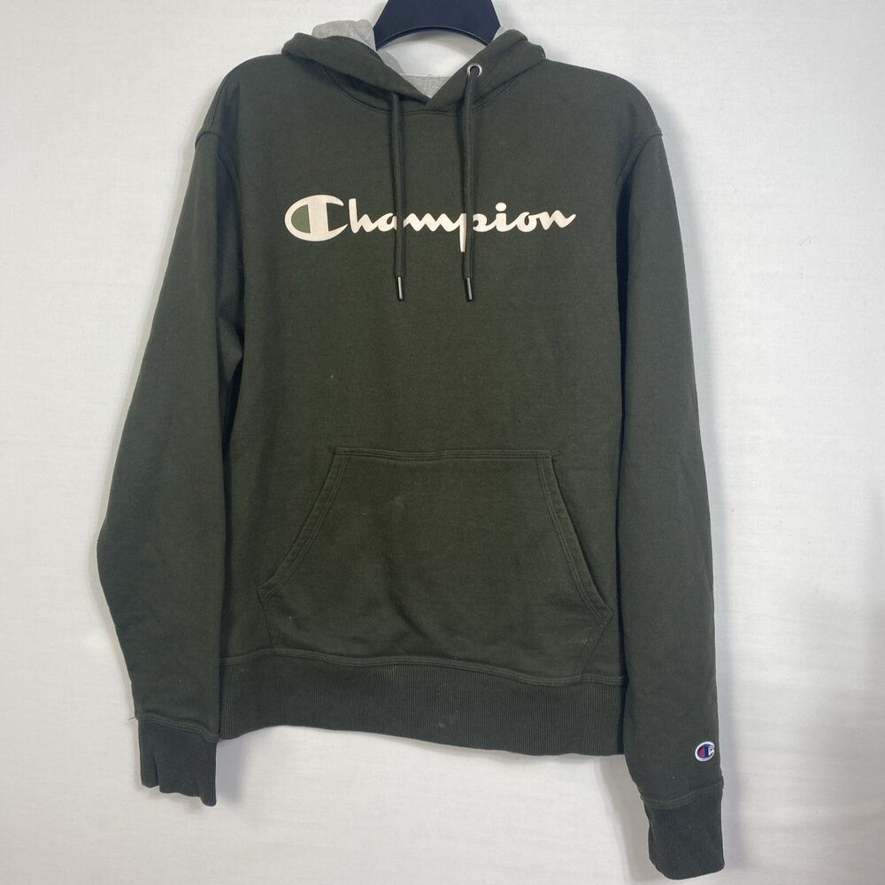 Champion Men's Hoodie Size Small Script Logo Fleece Graphic Sweatshirt Olive